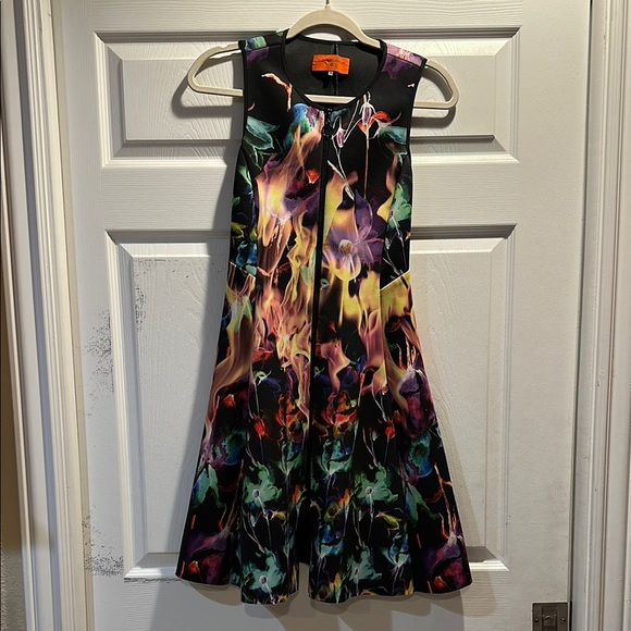 Clover Canyon Zip Front Neoprene Scuba Dress S Rainbow Floral - Picture 1 of 6